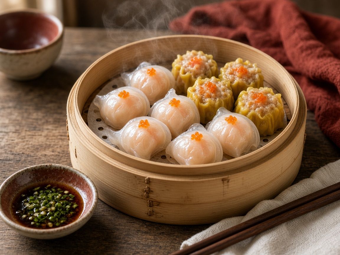 Xửng há cảo tôm và xíu mại vừa hấp