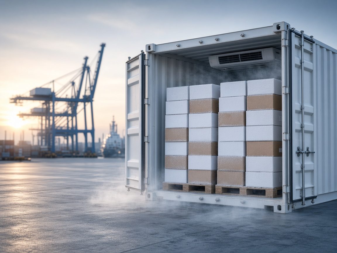A refrigerated container with frozen food cartons at the port