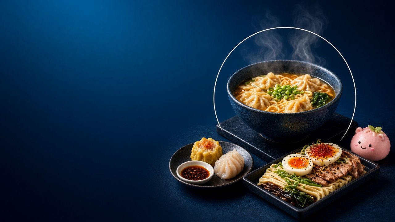 Bàn ăn gia đình với mì, dimsum và bánh bao nóng hổi
