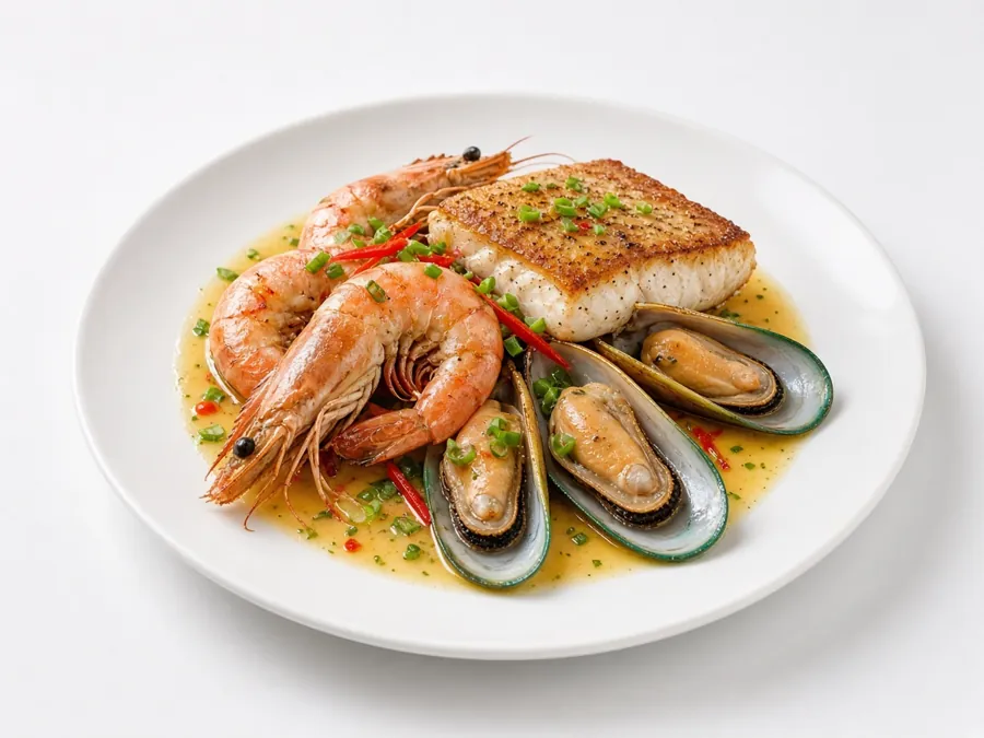 Frozen plated seafood: prawns, fish fillet and mussels
